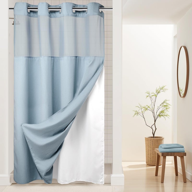 River Dream Heavyweight No Hooks Required Dotted Waffle Weave Shower Curtain with Snap in Liner -Stall 54W x 80H,Hotel Grade,Spa Like Bath Curtain,Blue - Image 1